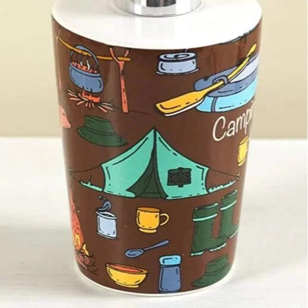 Campsite Soap Dispenser Tents Canoe Fishing Bears Camp Fire on Brown Retro Style